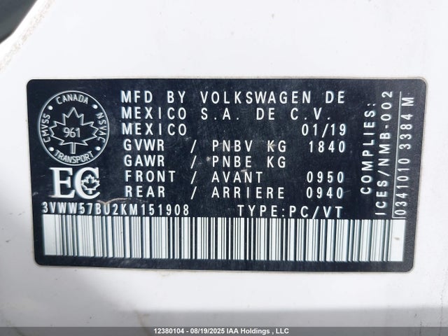 3VWW57BU2KM151908 Volkswagen 1.4 tsi