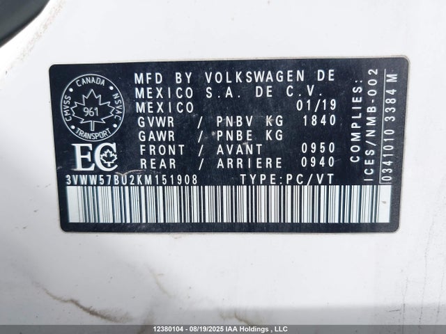 3VWW57BU2KM151908 Volkswagen 1.4 tsi