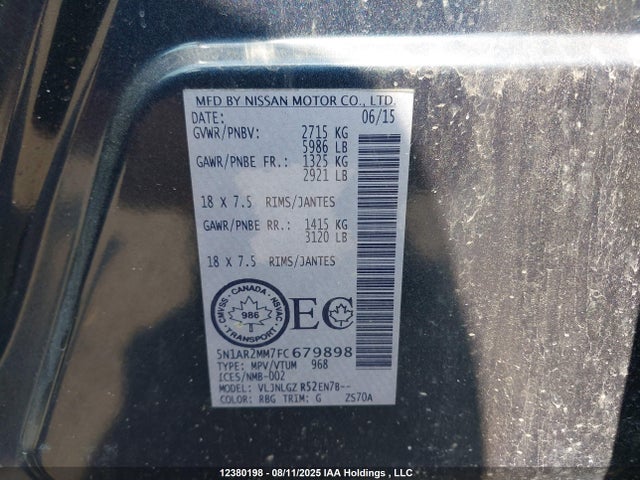 Nissan Pathfinder 2015 5N1AR2MM7FC679898 Image 9