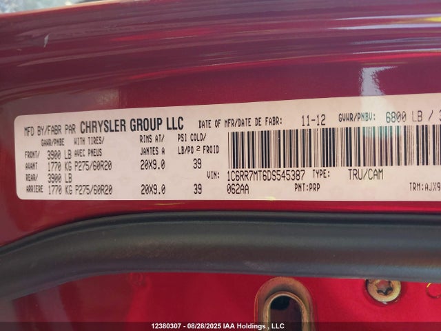 12380307 :رقم المزاد ، 1C6RR7MT6DS545387 vin ، 2013 Ram 1500 Sport مزاد بيع