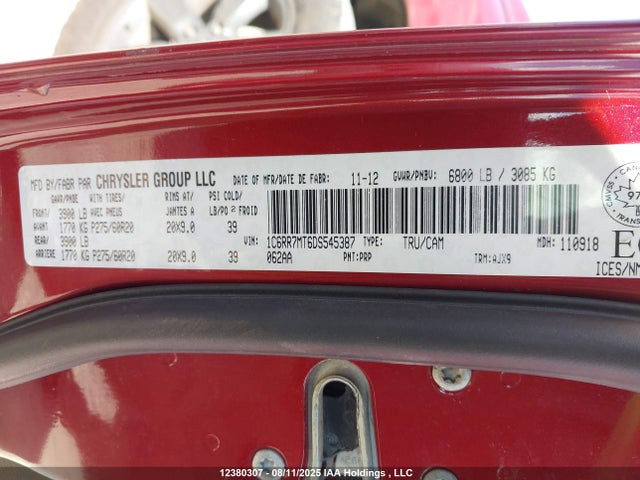 12380307 :رقم المزاد ، 1C6RR7MT6DS545387 vin ، 2013 Ram 1500 Sport مزاد بيع