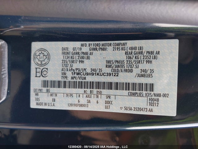 Ford 2019 2019 1FMCU9H91KUC39122 Image 9