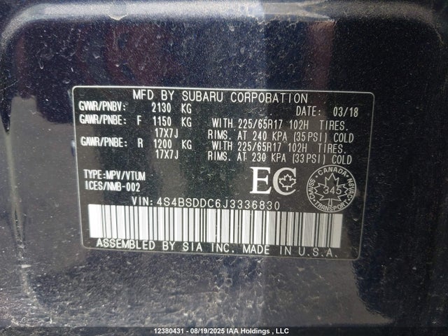 4S4BSDDC6J3336830 Subaru Outback 2.5i Touring