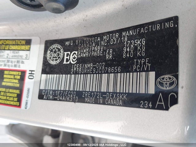 2T1BURHE9JC078656 Toyota 2zr-fe