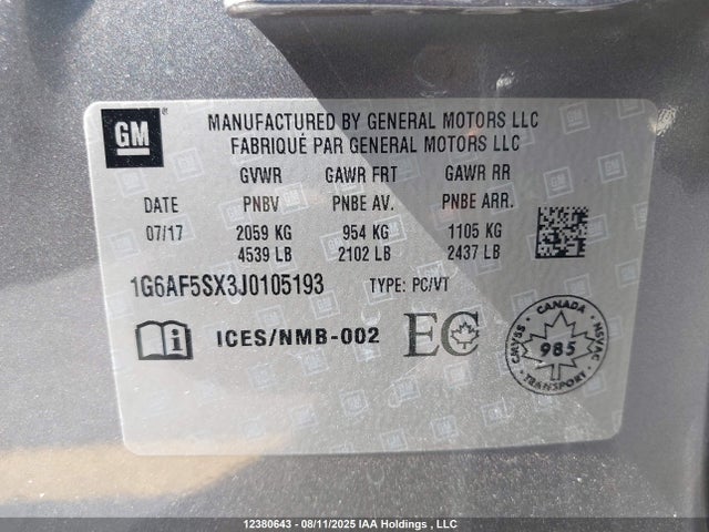 1G6AF5SX3J0105193 Cadillac ltg - sidi, alum dohc, vvt, dcvcp turbo, e0-e100, alum