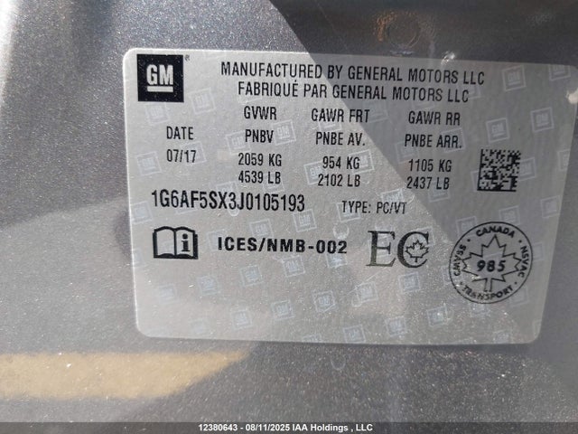 1G6AF5SX3J0105193 Cadillac ltg - sidi, alum dohc, vvt, dcvcp turbo, e0-e100, alum