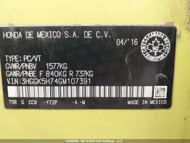 3HGGK5H74GM107391 Honda l15b1
