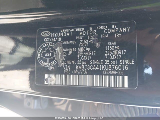 Продажа на аукционе авто 2019 Hyundai Tucson Limited/sel/sport/ultimate/value/night, vin: KM8J3CA41KU876016, номер лота: 12380659