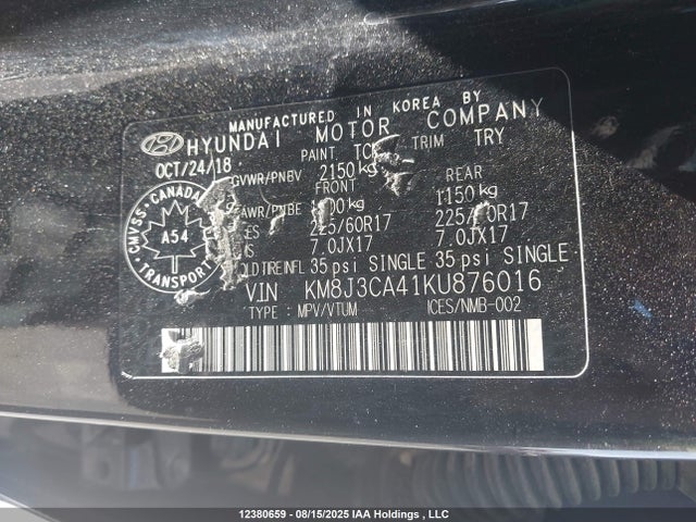 Продажа на аукционе авто 2019 Hyundai Tucson Limited/sel/sport/ultimate/value/night, vin: KM8J3CA41KU876016, номер лота: 12380659