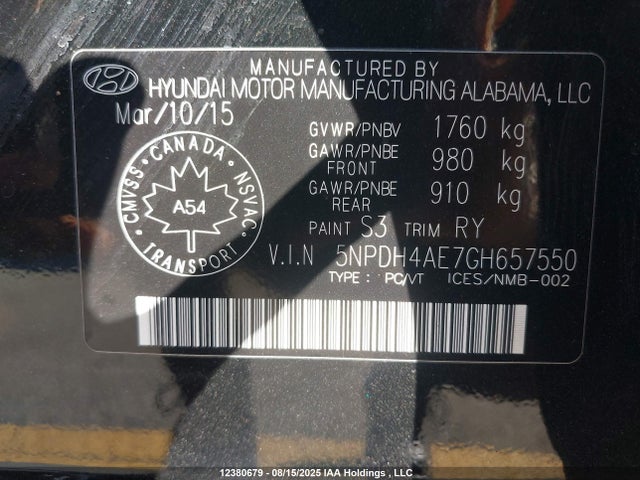 Hyundai dohc mpi nu 2016 5NPDH4AE7GH657550 Image 9