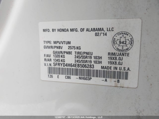 Acura j35y5 2014 5FRYD4H64EB506283 Image 9