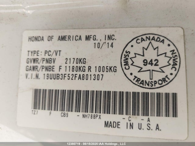 Acura j35y6 2015 19UUB3F52FA801307 Image 9