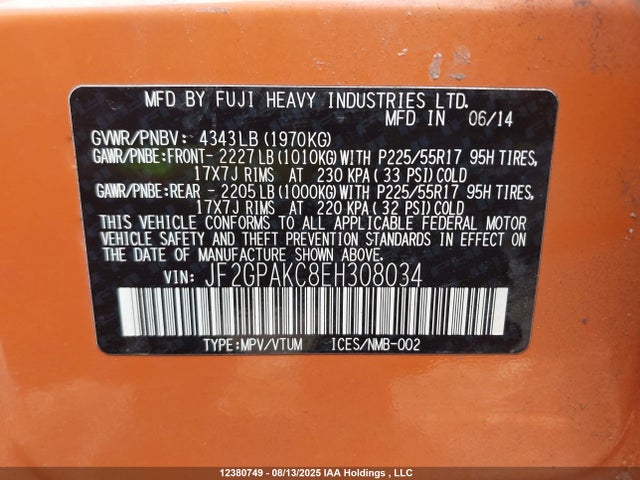 JF2GPAKC8EH308034 Subaru 2.0l na