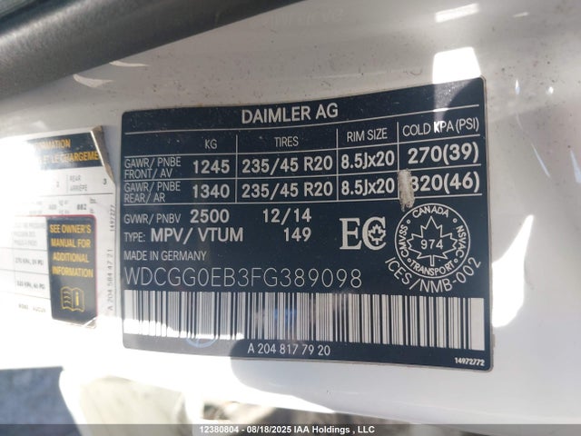 WDCGG0EB3FG389098 Mercedes-Benz Glk-Class