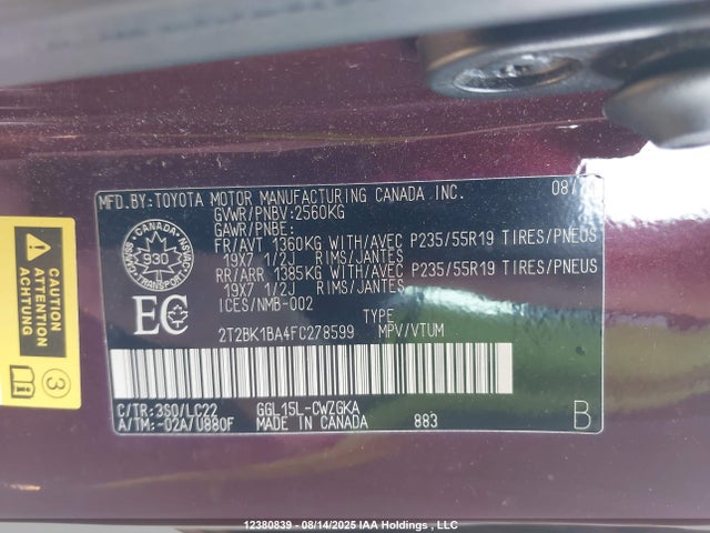 2T2BK1BA4FC278599 Lexus 2gr-fe