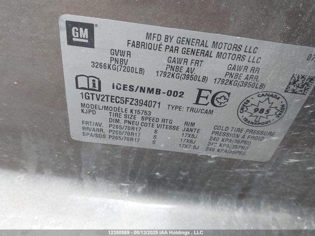1GTV2TEC5FZ394071 GMC l83 - vvt, active fuel management, aluminum