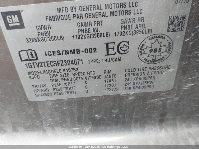 1GTV2TEC5FZ394071 GMC l83 - vvt, active fuel management, aluminum