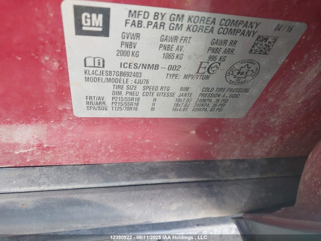 Buick luv - vvt, alum gme e85 max 2016 KL4CJESB7GB692403 Image 18