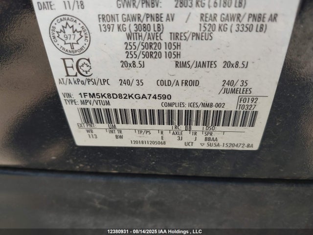 Ford 3.5l ti-vct 2019 1FM5K8D82KGA74590 Image 9