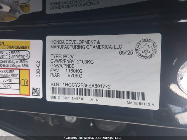 Honda lfc5 2025 1HGCY2F86SA801772 Image 9