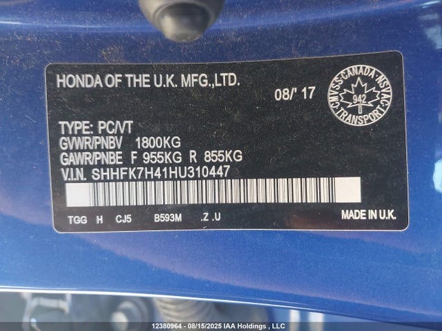 SHHFK7H41HU310447 Honda l15ba