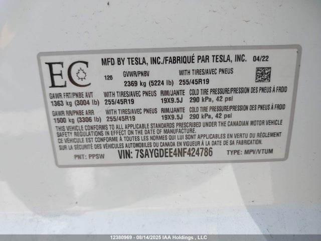 Tesla Model Y 2022 7SAYGDEE4NF424786 Image 9