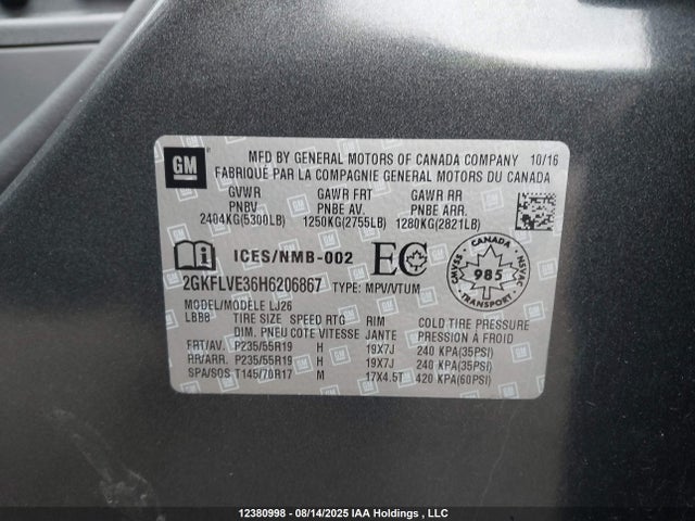 GMC lfx - sidi: spark ignited direct injection, vvt: variable valve timing, e85 max, alum 2017 2GKFLVE36H6206867 Image 9