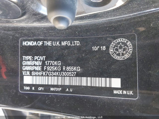 SHHFK7G34KU300527 Honda 2019