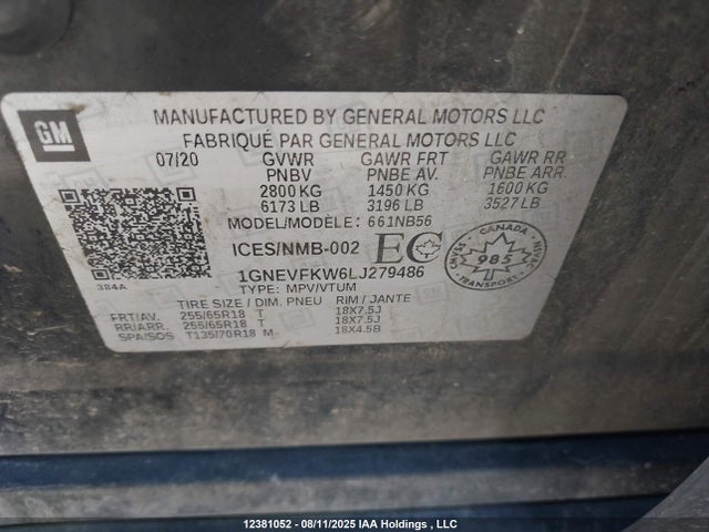 1GNEVFKW6LJ279486 Chevrolet lfy - spark ignited direct injection, atss, gen 1