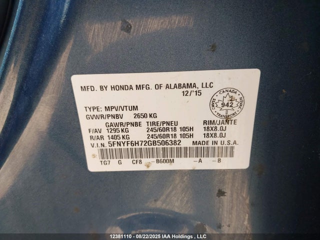 5FNYF6H72GB506382 Honda j35y6
