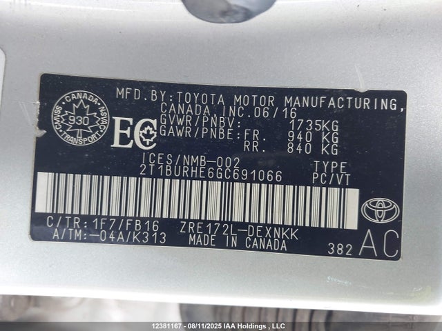 2T1BURHE6GC691066 Toyota 2zr-fe
