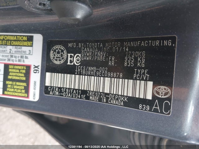 Toyota 2zr-fe 2014 2T1BURHE9EC098878 Image 9