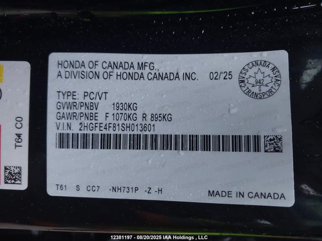 2HGFE4F81SH013601 Honda lfc3