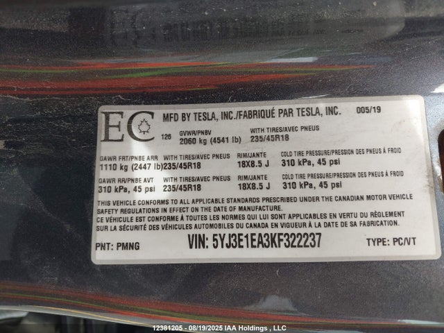 Tesla MODEL 3 2019 5YJ3E1EA3KF322237 Image 9