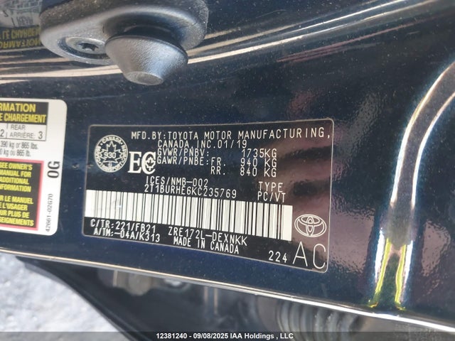 Toyota 2zr-fe 2019 2T1BURHE6KC235769 Image 9