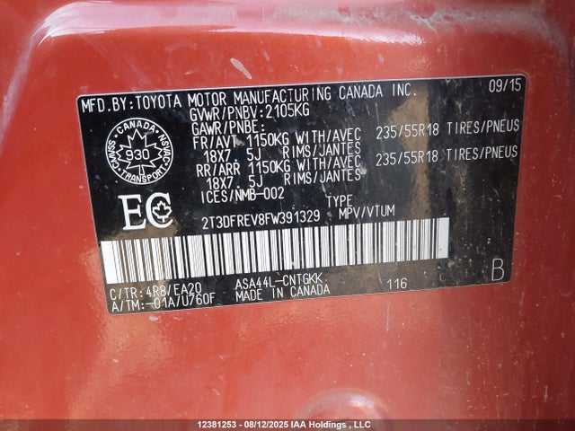 Toyota 2ar-fe 2015 2T3DFREV8FW391329 Image 9