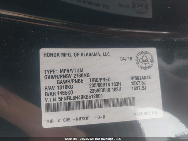 5FNRL6H40KB512001 Honda j35y7