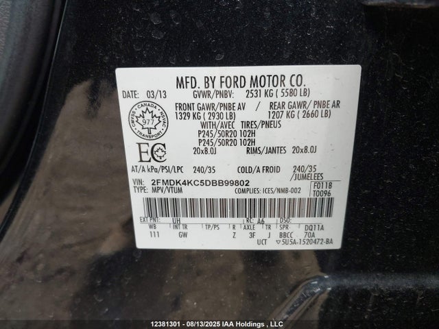 Продаж на аукціоні авто 2013 Ford Edge Limited, vin: 2FMDK4KC5DBB99802, номер лоту: 12381301