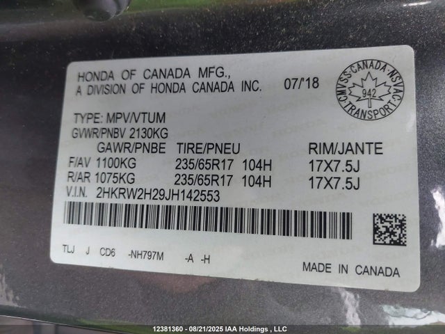 2HKRW2H29JH142553 Honda k24w9/k24v9
