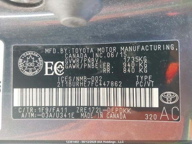 Toyota 2zr-fe 2015 2T1BURHE7FC447862 Image 9