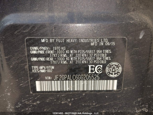 JF2GPALC6GG205525 Subaru naturally aspirated
