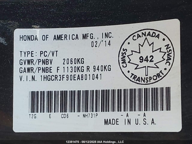 1HGCR3F90EA801041 Honda j35y1