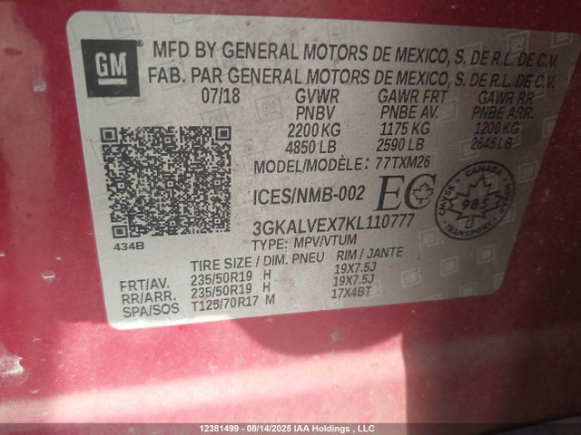 3GKALVEX7KL110777 GMC ltg - spark ignited direct injection, alum dohc, vvt, dcvcp turbo, e0-e100, alum