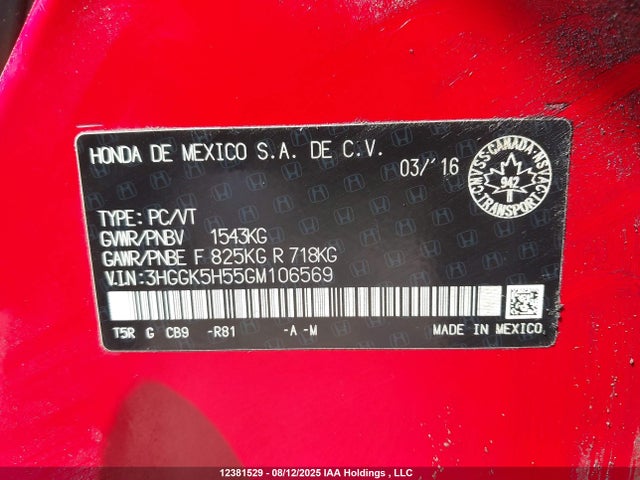 3HGGK5H55GM106569 Honda l15b1