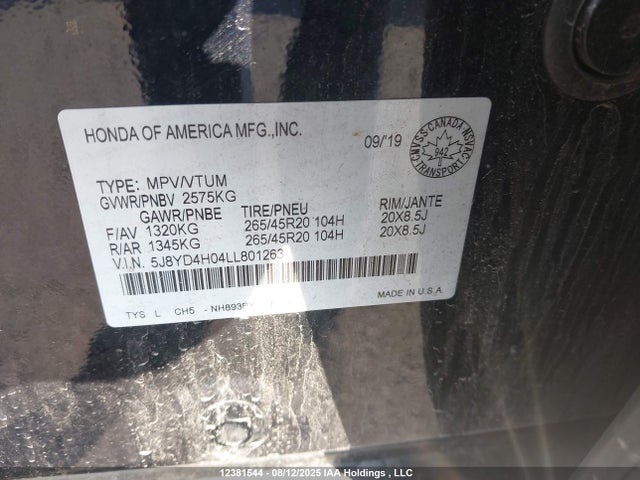 5J8YD4H04LL801263 Acura j35y5