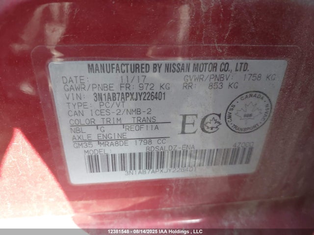 3N1AB7APXJY226401 Nissan Sentra