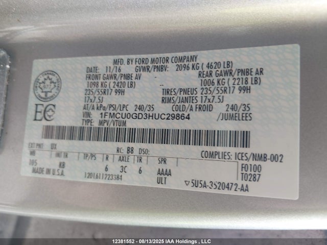 1FMCU0GD3HUC29864 Ford gtdi sigma w/premium fuel