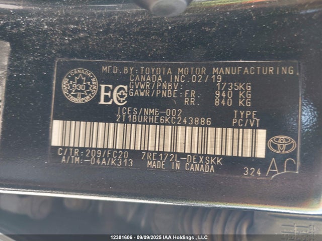 Toyota 2zr-fe 2019 2T1BURHE6KC243886 Image 9