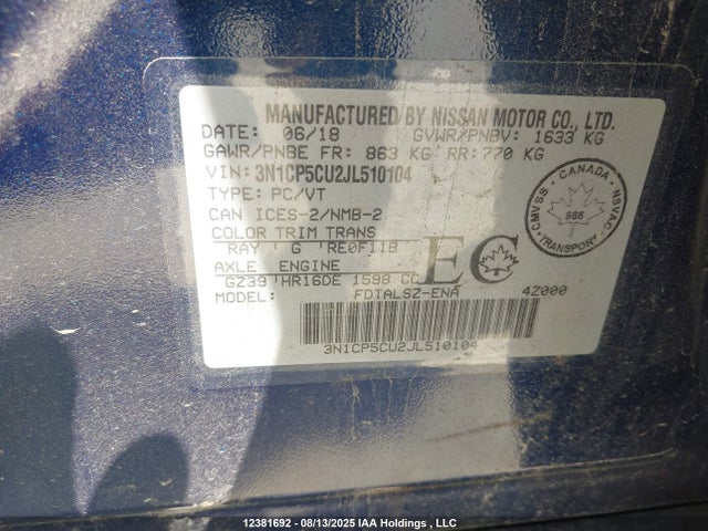 3N1CP5CU2JL510104 Nissan Kicks S/sr/sv