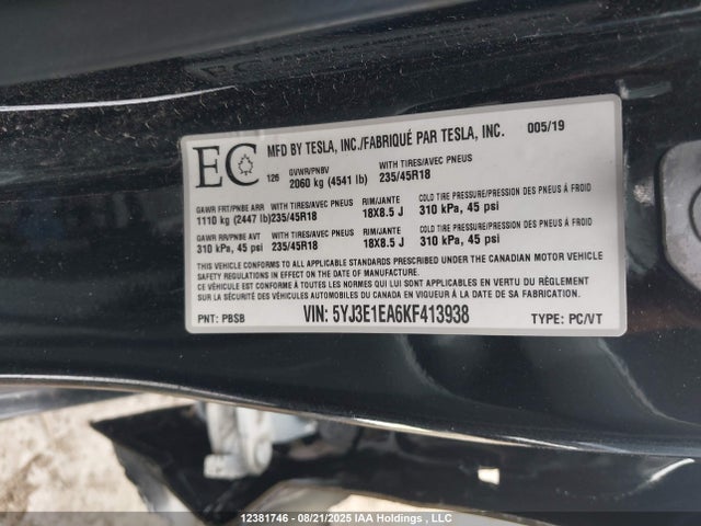 5YJ3E1EA6KF413938 Tesla MODEL 3